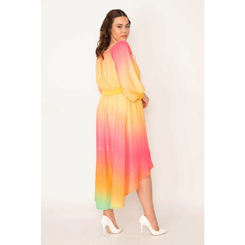 Şans Women's Plus Size Color Collar and Elastic Waist Detail Long Back Lined Chiffon Dress