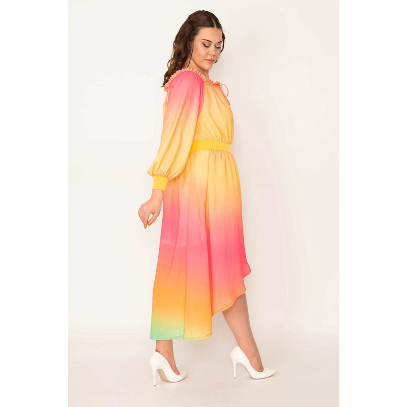 Şans Women's Plus Size Color Collar and Elastic Waist Detail Long Back Lined Chiffon Dress