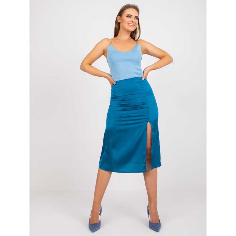 Fashionhunters Mořská midi tužková sukně z imitace saténu s rozparkem RUE PARIS