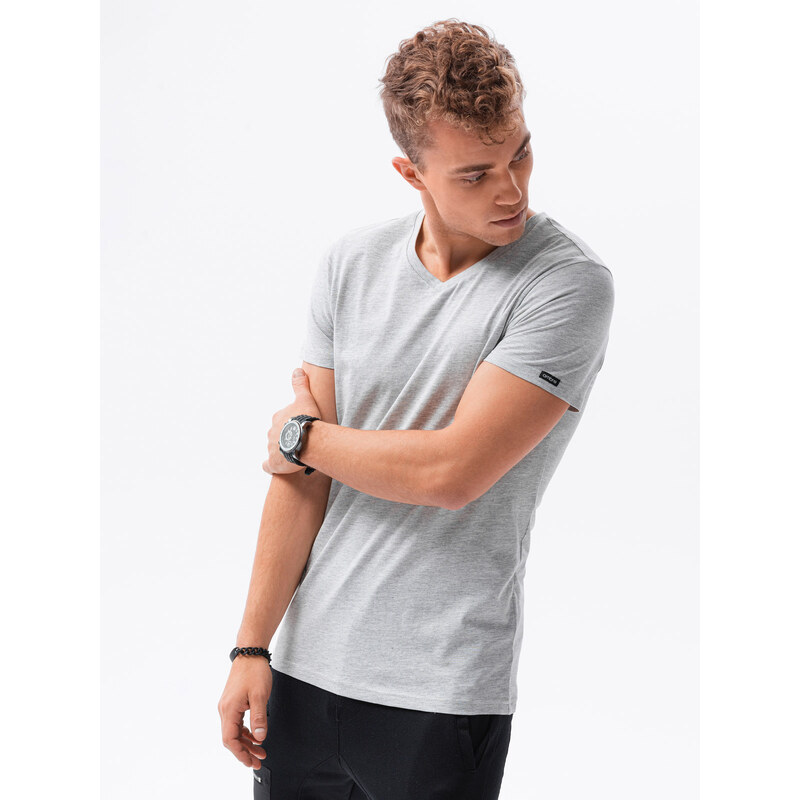 Ombre Clothing Klasické pánské tričko BASIC s výstřihem - šedý melír V16 S1369