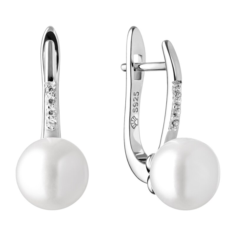 Gaura Pearls Stříbrné náušnice s bílou perlou a zirkony Amber, stříbro 925/1000