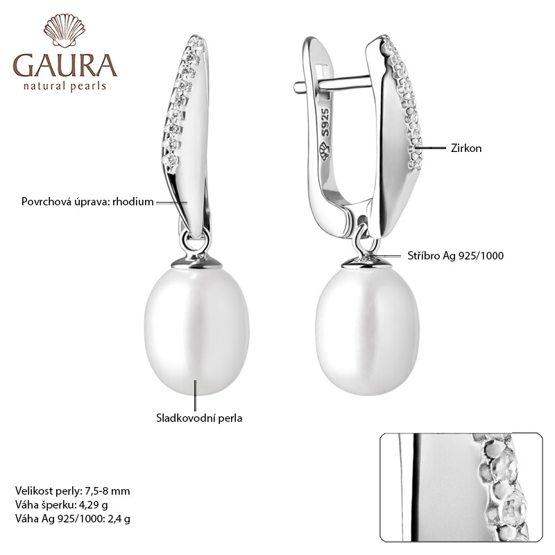 Gaura Pearls Stříbrné náušnice s bílou perlou a zirkony Pamela, stříbro 925/1000