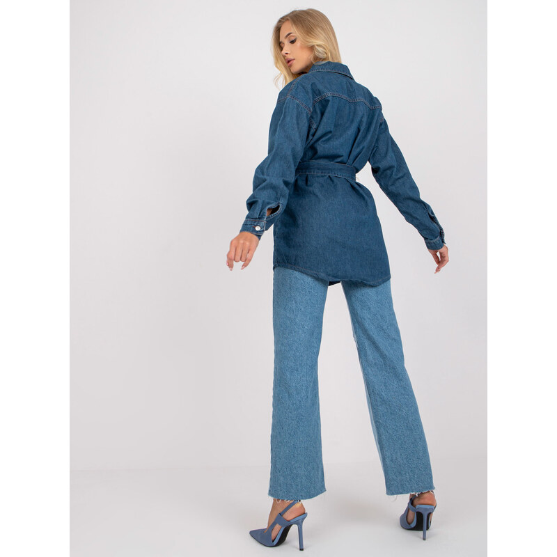 Fashionhunters Modrá dámská džínová košile s páskem RUE PARIS