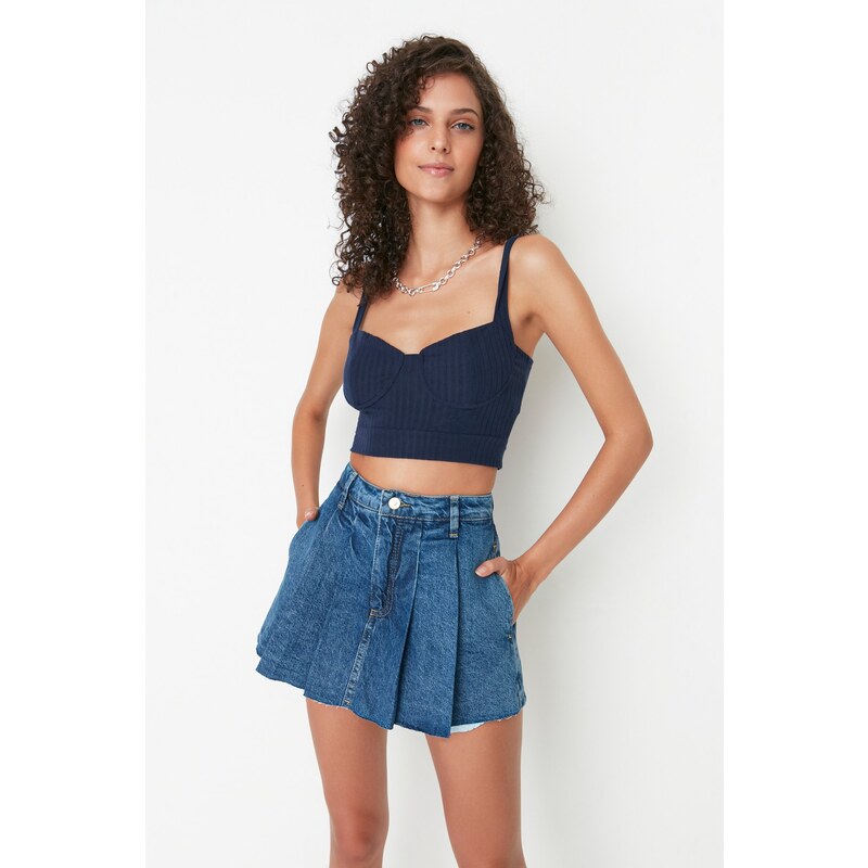 Trendyol Blue Pleated Normal Waist Denim Short Skirt