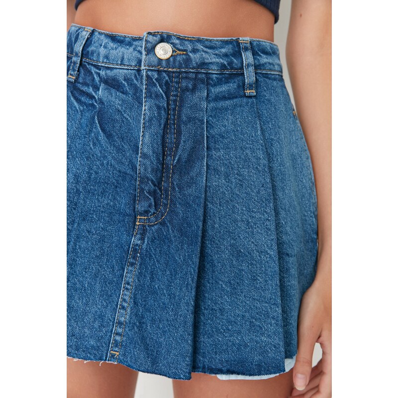 Trendyol Blue Pleated Normal Waist Denim Short Skirt