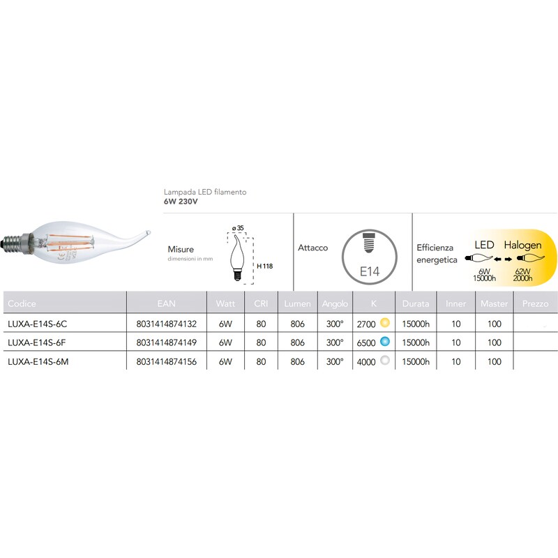 LED žárovka E14 Filament 6W teplá bílá LUXA-E14S-6C