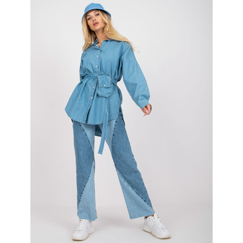 Fashionhunters Modrá dlouhá oversize košile z bavlny RUE PARIS