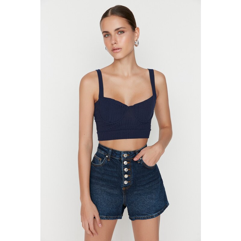 Trendyol Dark Blue High Waist Denim Shorts With Buttons