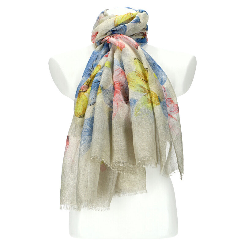 Cashmere Letní dámský šátek v motivu květů 190x90 cm béžová