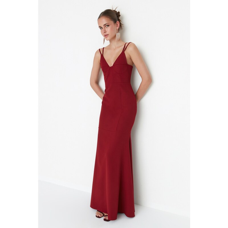 Trendyol Evening Dress With Claret Red Collar Detailed Long Evening Dress