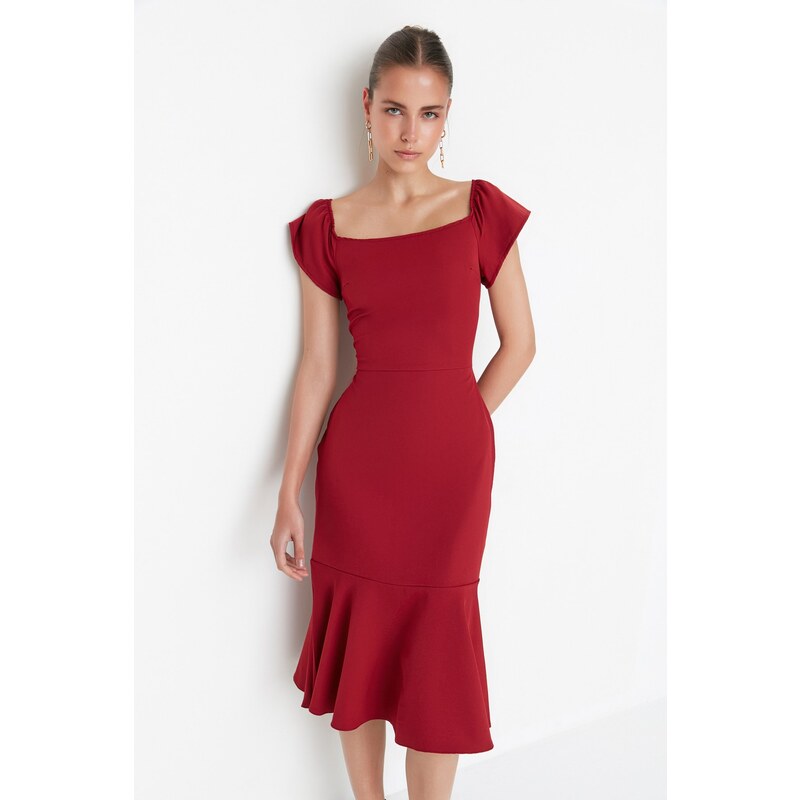 Trendyol Claret Red Tall Flounce Midi tkané šaty