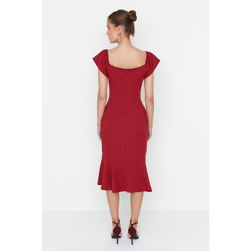 Trendyol Claret Red Tall Flounce Midi tkané šaty