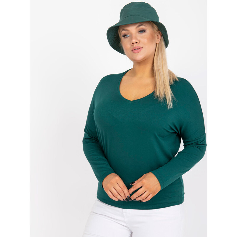 Fashionhunters Tmavě zelená obyčejná halenka plus size basic s výstřihem do V Elisa