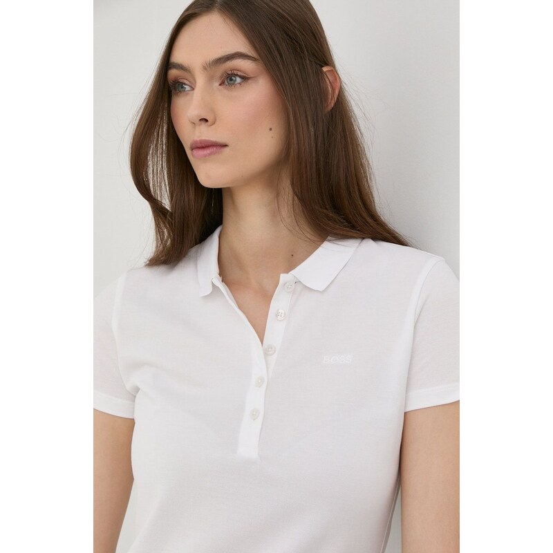 Bavlněné tričko BOSS bílá barva, s límečkem