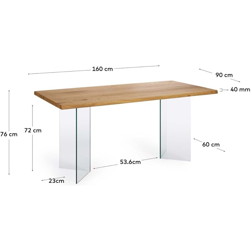 Dubový jídelní stůl Kave Home Lotty 160 x 90 cm se skleněnou podnoží