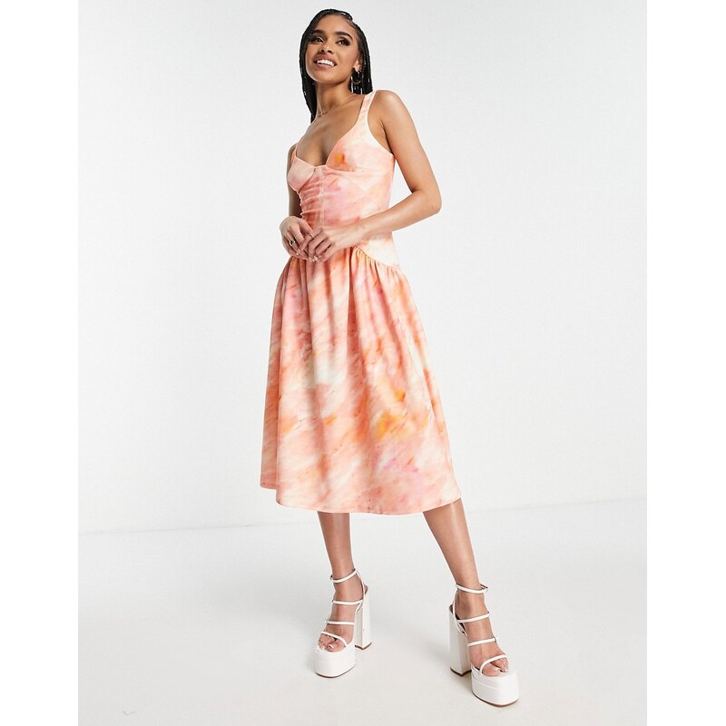 ASOS DESIGN corset detail drop waist midi dress in pink and orange tie 100039142