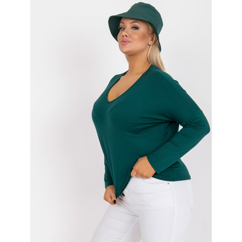 Fashionhunters Tmavě zelená obyčejná halenka plus size basic s výstřihem do V Elisa