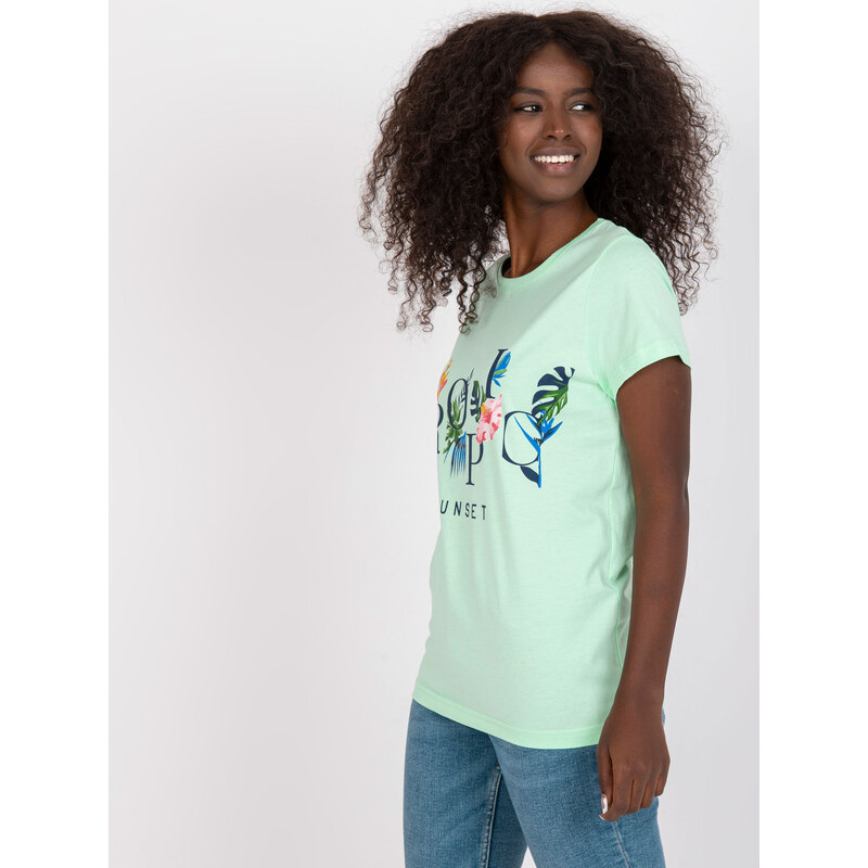 BASIC Světle zelené tričko s květinovým potiskem a nápisem "Tropic" -light green Mint