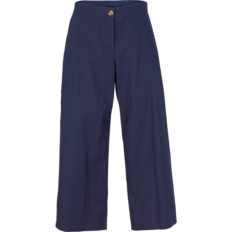 bonprix Lněné kalhoty Culotte s pohodlnou pasovkou Modrá
