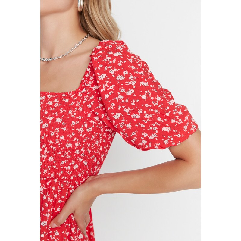 Trendyol Red Floral Skater/Waist Opening Guiped Viscose Mini Woven Dress