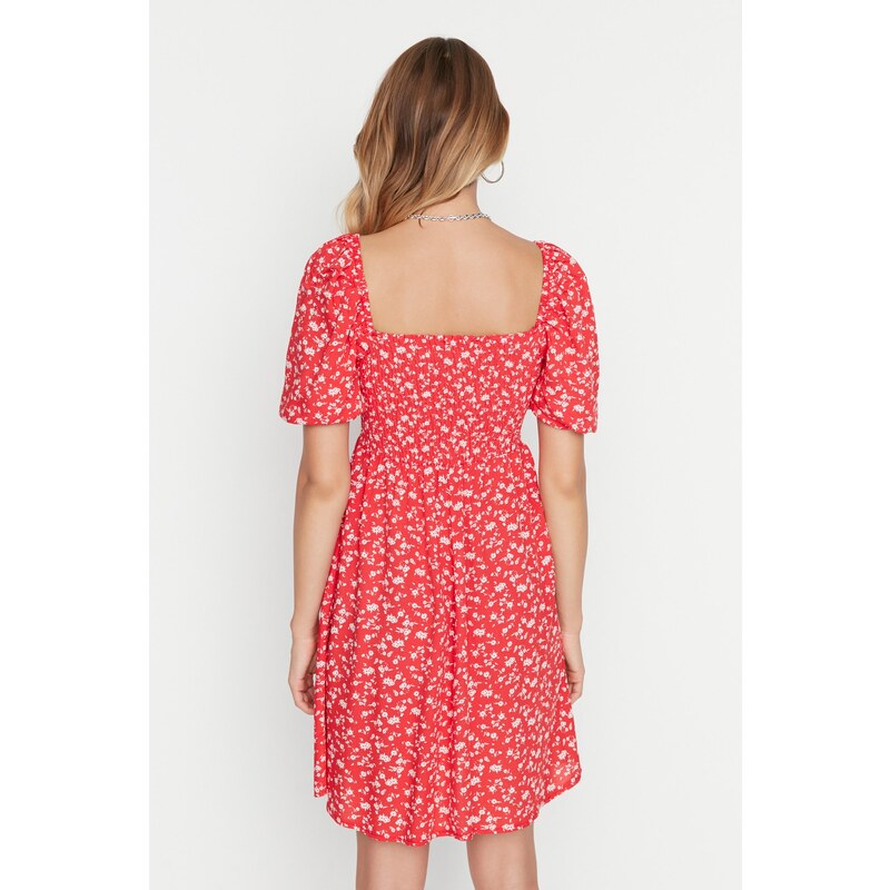 Trendyol Red Floral Skater/Waist Opening Guiped Viscose Mini Woven Dress