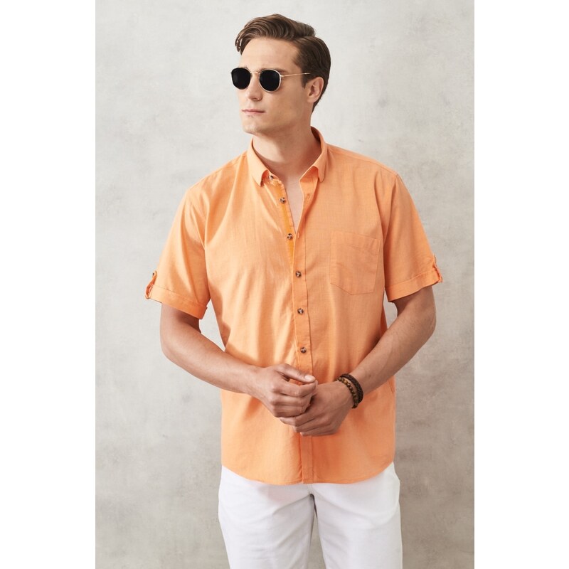 AC&Co / Altınyıldız Classics Men's Orange Comfort Fit Button-down Collar Linen Look 100% Cotton Short Sleeve Shirt.