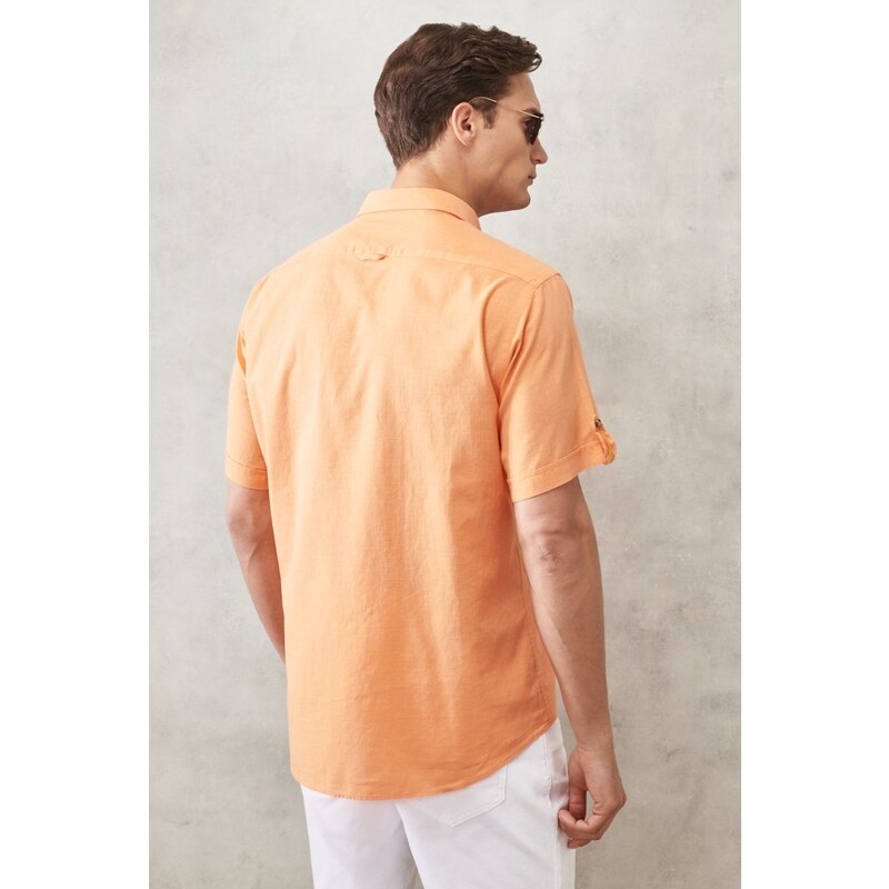 AC&Co / Altınyıldız Classics Men's Orange Comfort Fit Button-down Collar Linen Look 100% Cotton Short Sleeve Shirt.