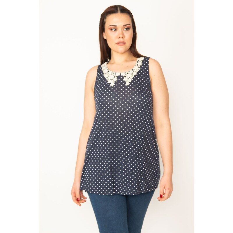 Şans Women's Plus Size Navy Blue Collar Lacy Point Pattern Blouse