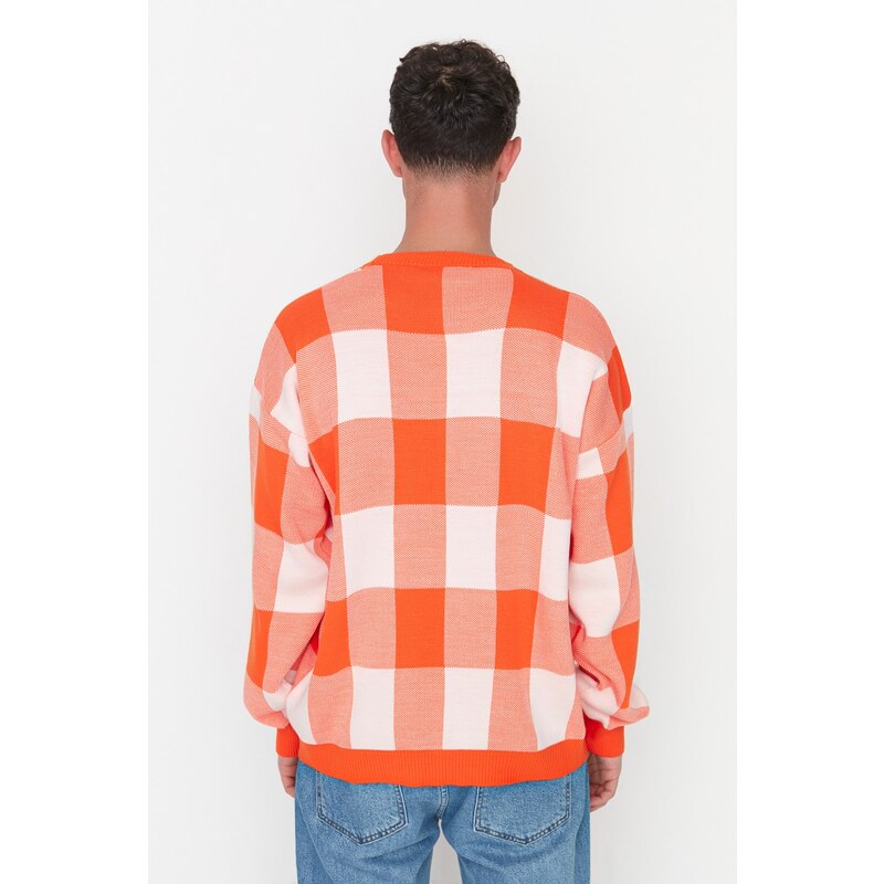 Trendyol Men's Orange Oversize Fit Wide Fit Crew Neck Checkered Knitwear Sweater