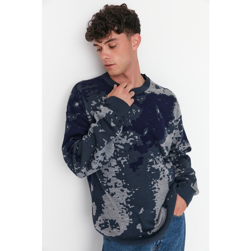 Trendyol Men's Indigo Slim Fit Crew Neck Jacquard Knitwear Sweater