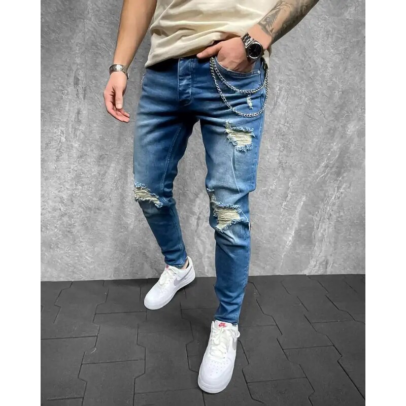 Fashionformen Pánské modré roztrhané džíny 2Y Premium Memory