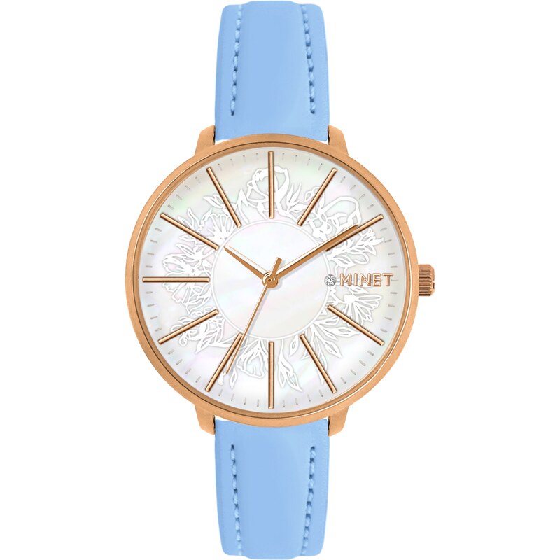 MINET Rose gold dámské hodinky PRAGUE s modrým koženým řemínkem 70358803