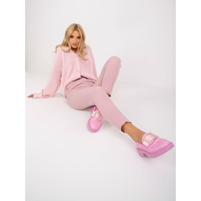 Fashionhunters Světle růžové látkové kalhoty s vysokým pasem
