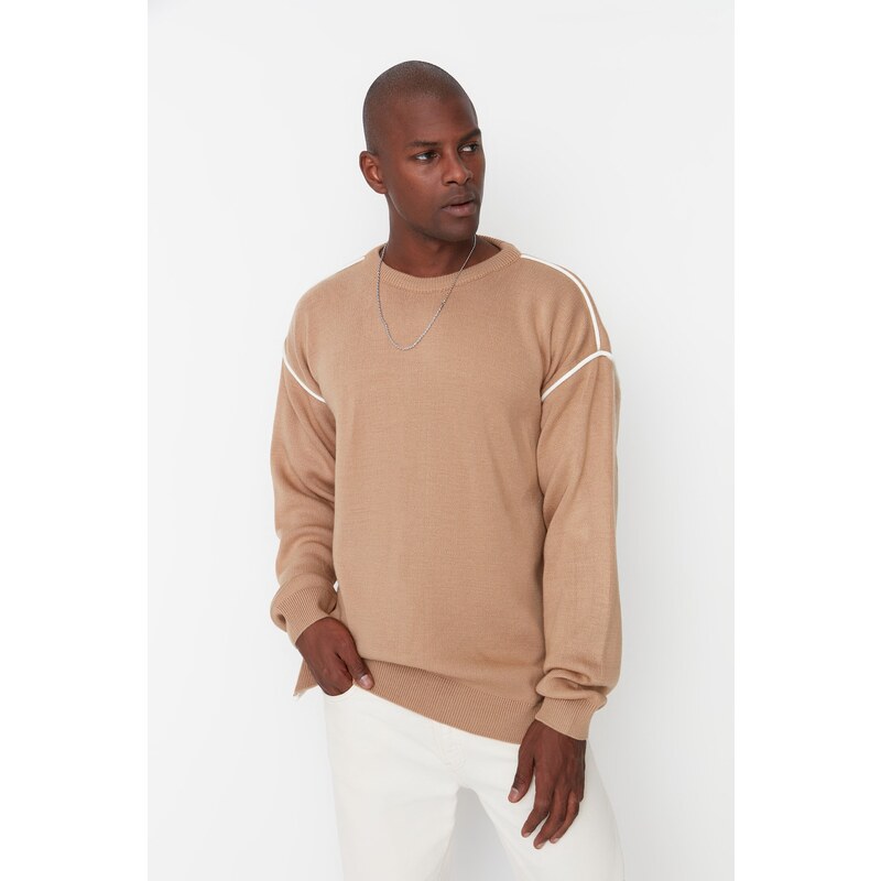 Trendyol Camel Oversize Crew Neck Piping Detailed Knitwear Sweater