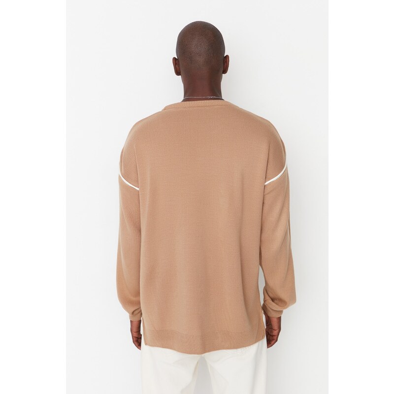 Trendyol Camel Oversize Crew Neck Piping Detailed Knitwear Sweater