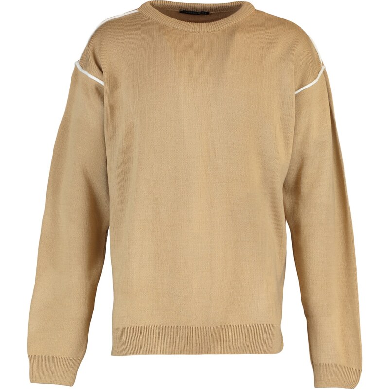 Trendyol Camel Oversize Crew Neck Piping Detailed Knitwear Sweater