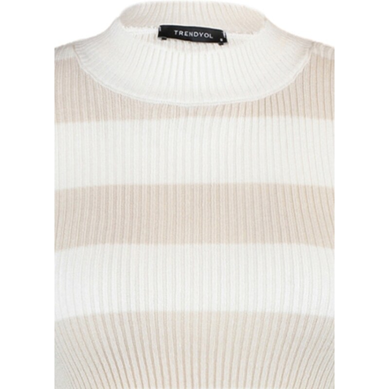 Trendyol Ecru Crop Cotton Striped Knitwear Sweater