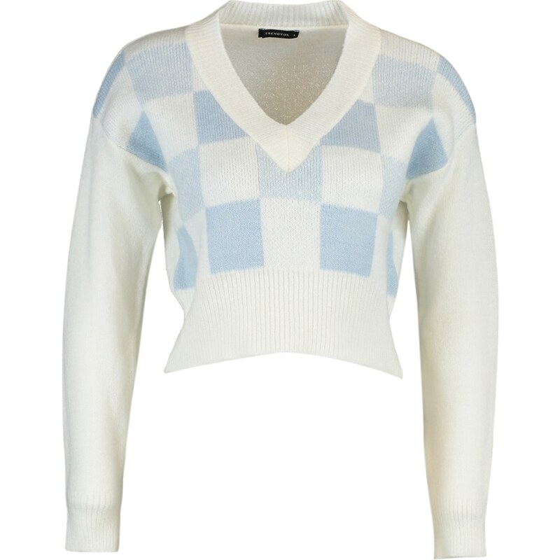 Trendyol Ecru Crop Měkký texturovaný vzorovaný pletený svetr