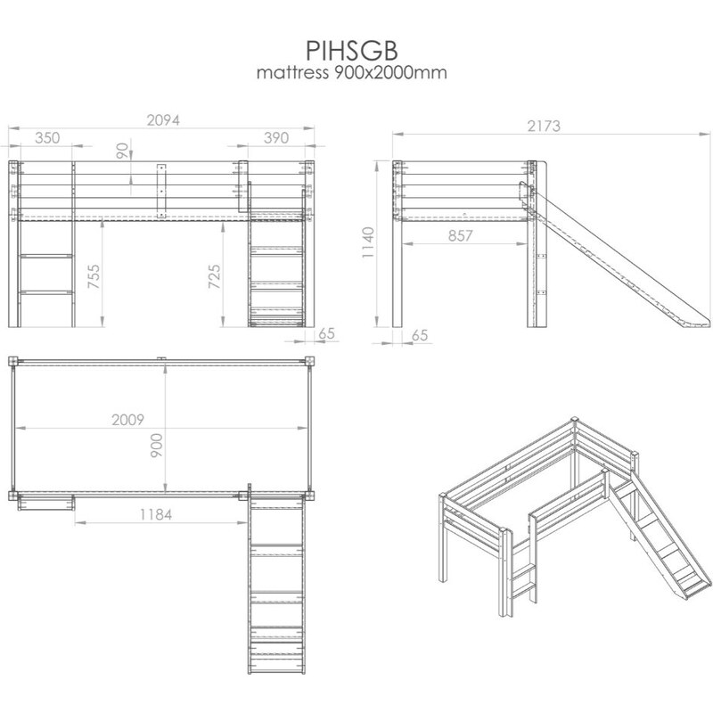 Šedá borovicová patrová postel Vipack Pino II. 90 x 200 cm se skluzavkou