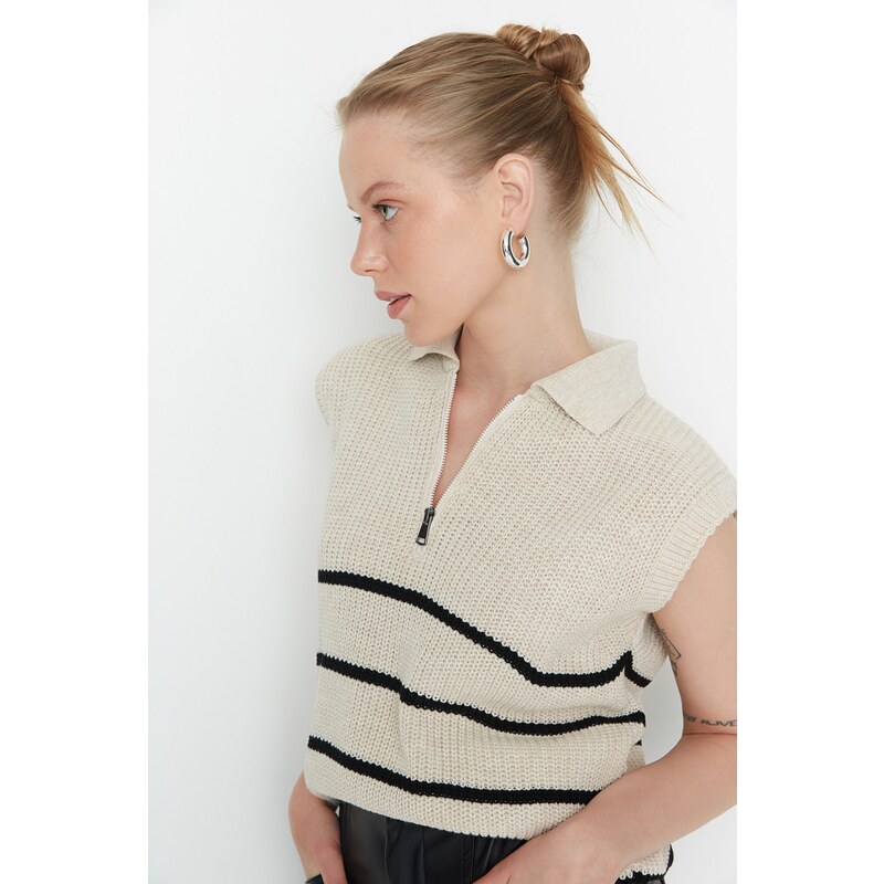 Trendyol béžový pruhovaný pletený svetr na zip