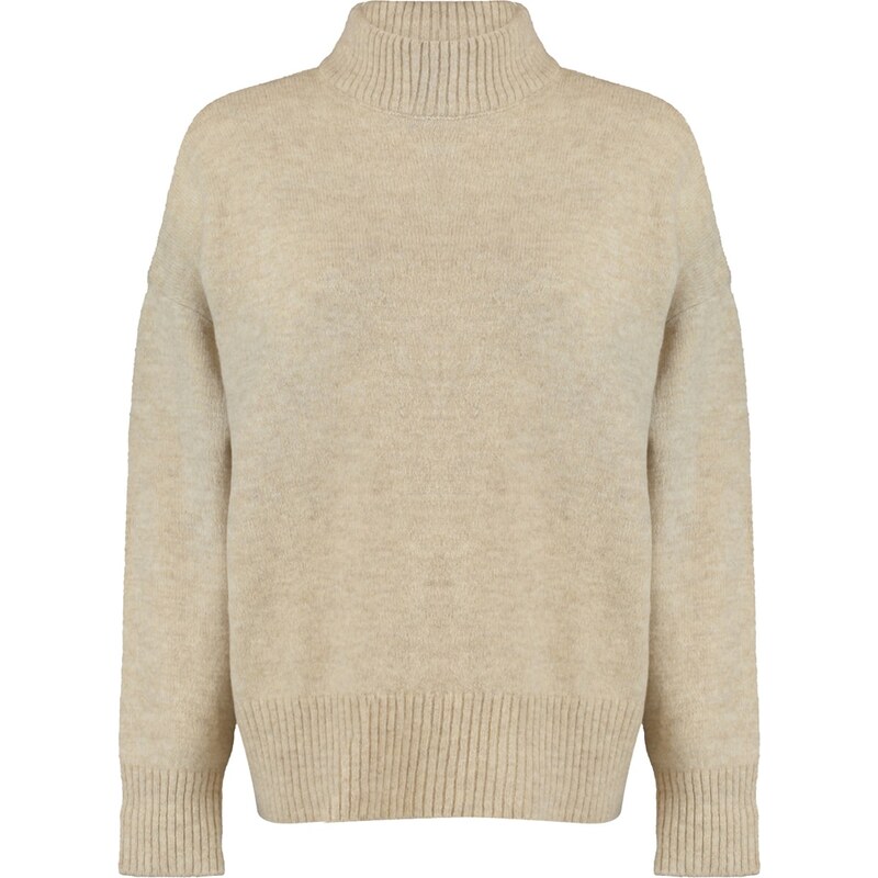 Trendyol Stone Wide Fit Měkký texturovaný pletený svetr s vysokým výstřihem