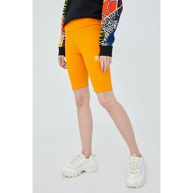 Kraťasy adidas Originals Adicolor HF7483 dámské, oranžová barva, s aplikací, high waist, HF7483-BORANG