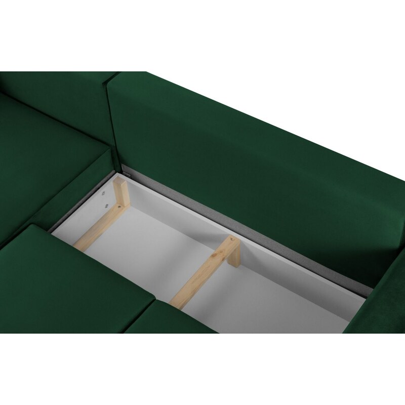 Lahvově zelená sametová rohová rozkládací pohovka MICADONI LEONA 225 cm se zlatou podnoží, pravá