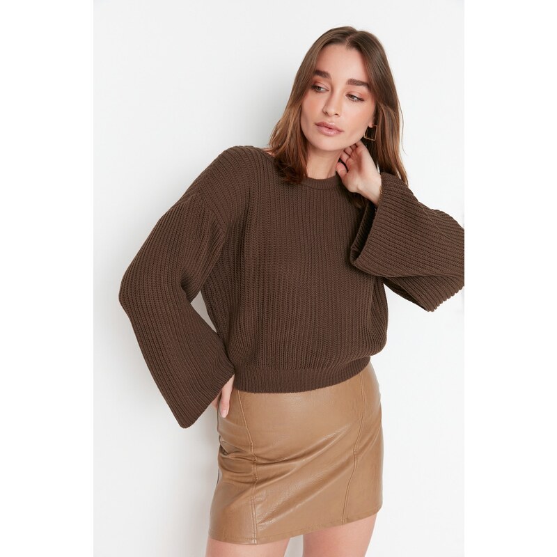 Trendyol Brown Crop španělský pletený svetr s rukávem