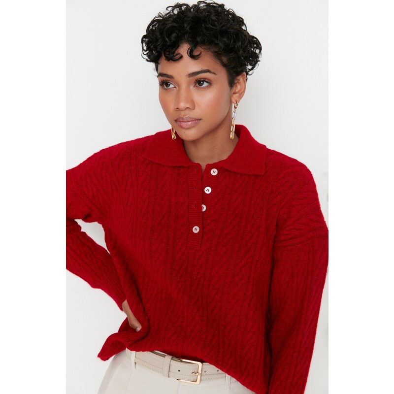 Trendyol Red Wide Fit Měkký texturovaný pletený svetr