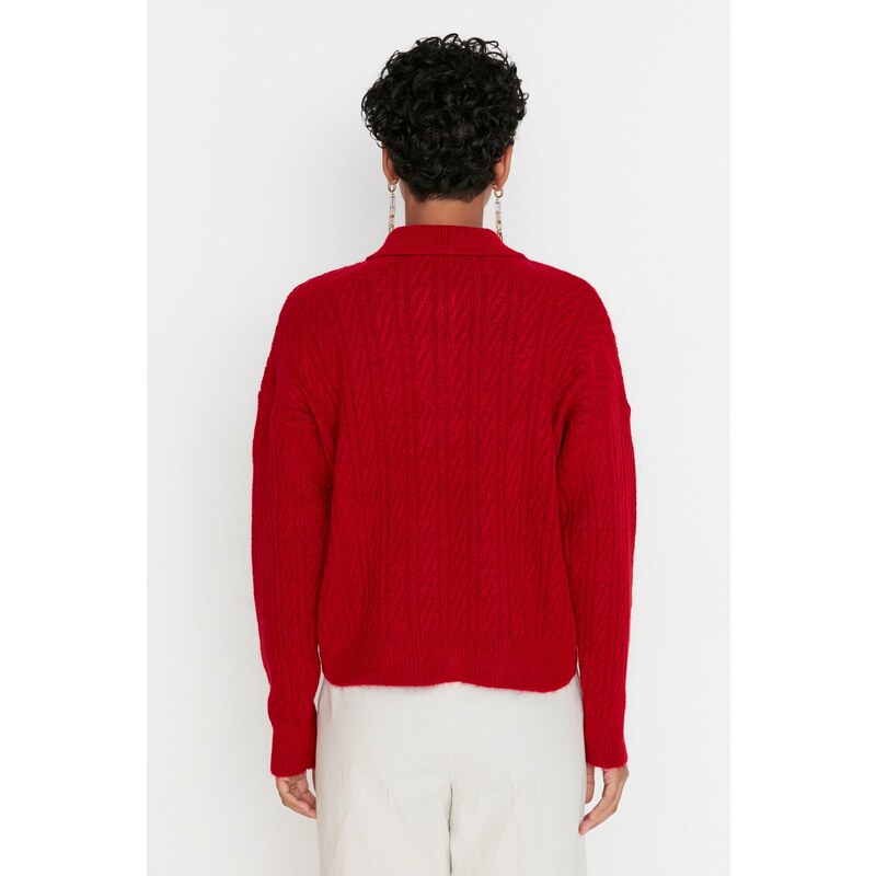 Trendyol Red Wide Fit Měkký texturovaný pletený svetr