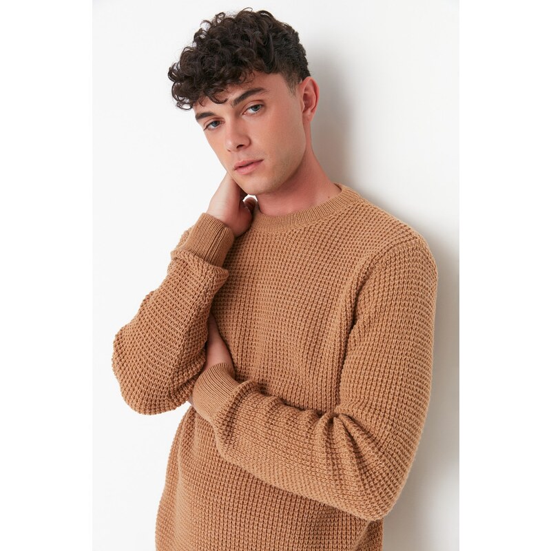 Trendyol Camel Regular Fit Crew Neck Textured Basic Knitwear Sweater