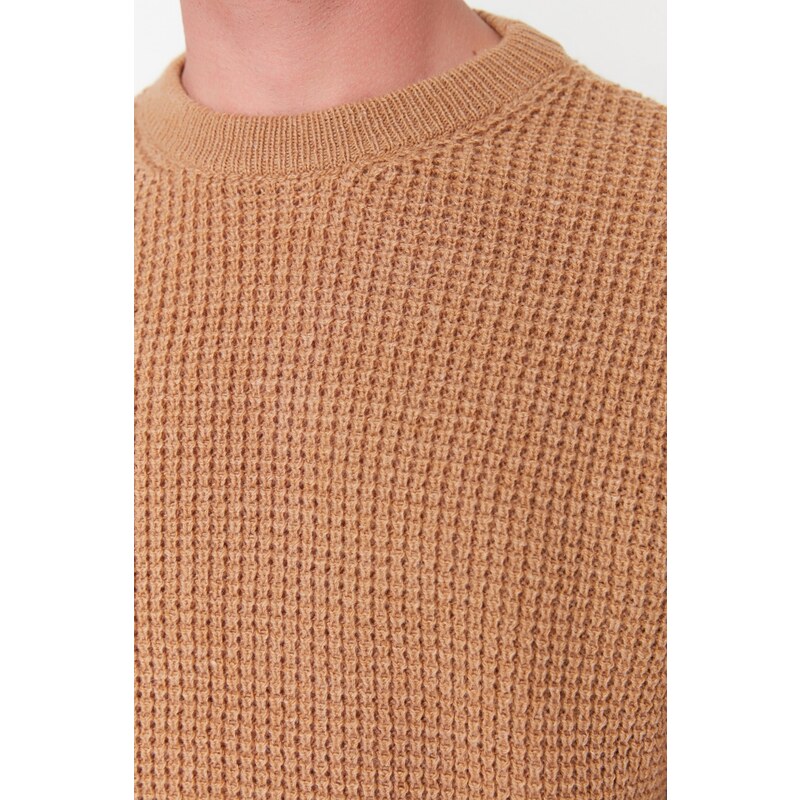Trendyol Camel Regular Fit Crew Neck Textured Basic Knitwear Sweater