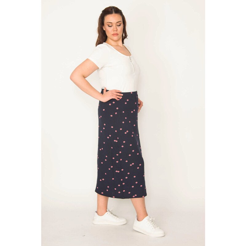 Şans Women's Plus Size Navy Blue Elastic Waist Patterned Skirt