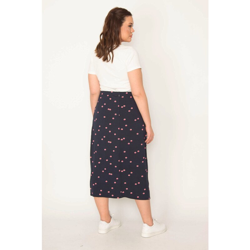 Şans Women's Plus Size Navy Blue Elastic Waist Patterned Skirt